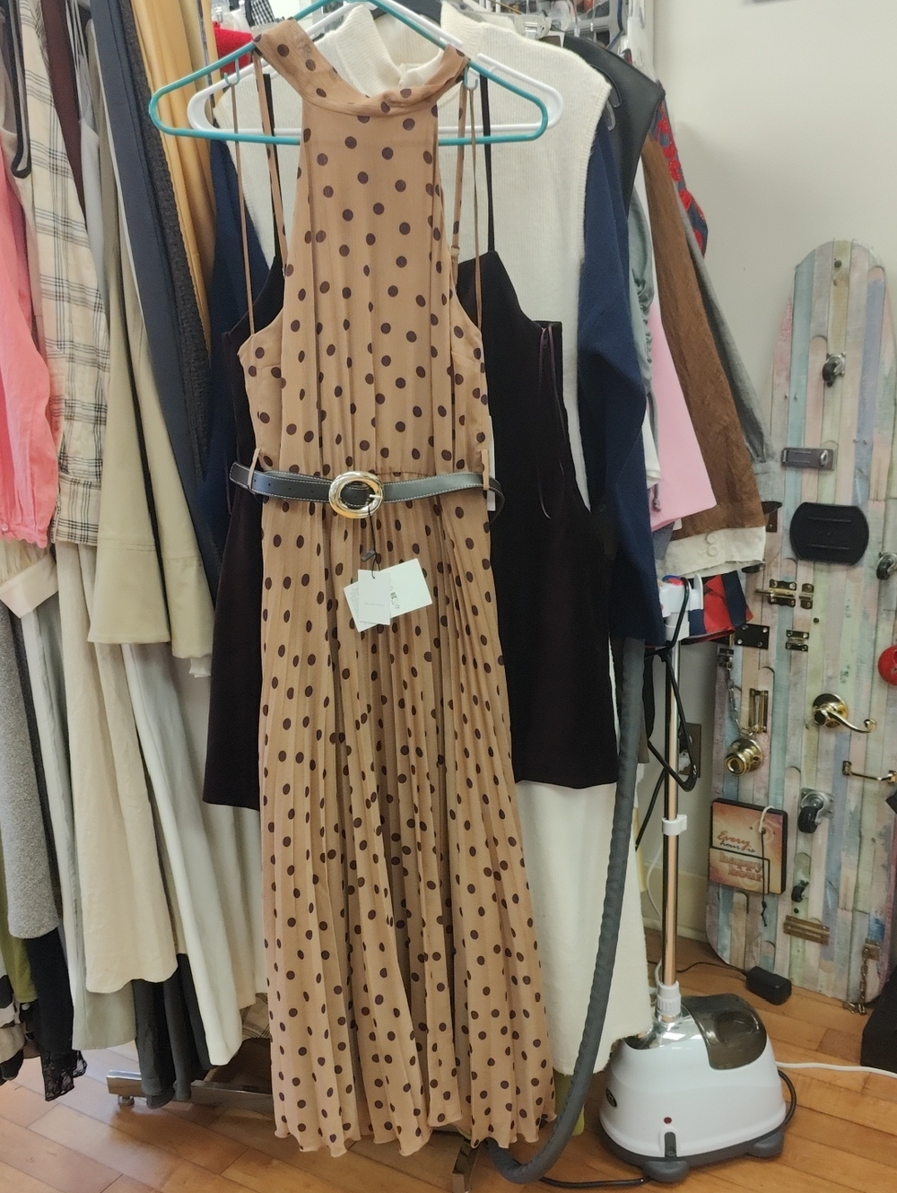 Polka Dot Pleated Halter Maxi Dress in Tan
